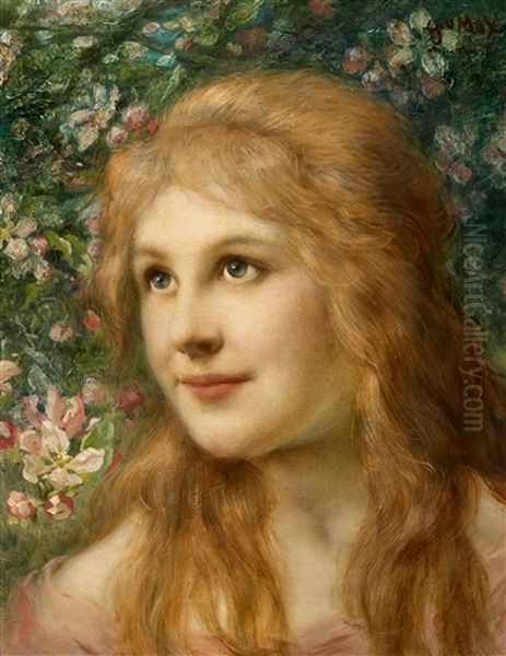 Young Woman In Front Of Flowers Oil Painting by Gabriel von Max