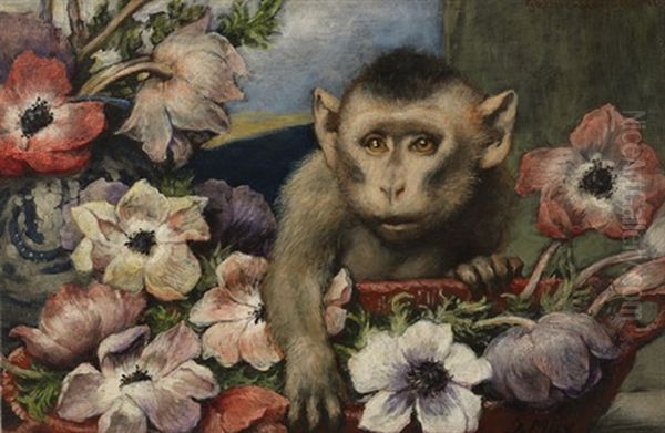 Geburtstagsblumen (affe Mit Anemonen) Oil Painting by Gabriel von Max