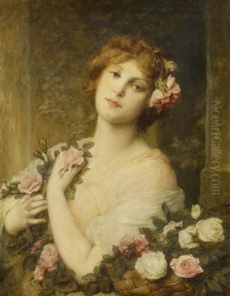 Madchenportrat Mit Rosen Oil Painting by Gabriel von Max