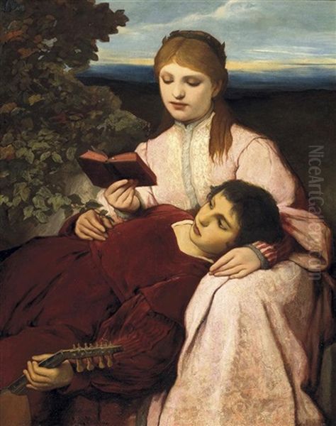 Die Musestunde. Geschwisterpaar Mit Laute Und Buch Oil Painting by Gabriel von Max