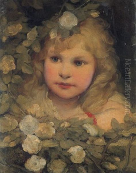 Kleines Madchen An Einem Von Rosen Umrankten Fenster Oil Painting by Gabriel von Max