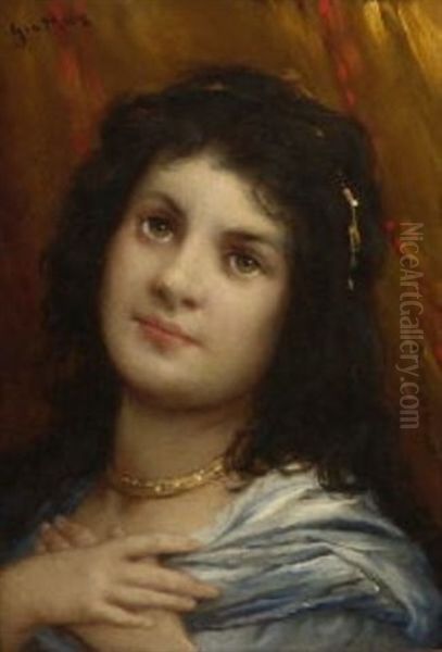 Ewig Dein! Junge Frau Mit Seelenvollem Blick Und Vor Der Brust Ubereinander Gelegten Handen Oil Painting by Gabriel von Max