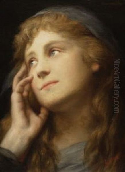 Heimweh. Junge Frau Mit Blauem Schleier, Die Gedankenverloren Ihren Kopf In Die Rechte Hand Stutzt Oil Painting by Gabriel von Max