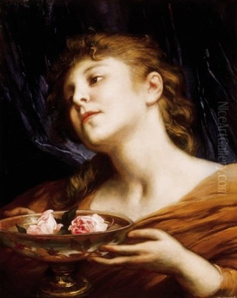 Fiatal Lany Rozsakkal (young Girl With Roses) Oil Painting by Gabriel von Max