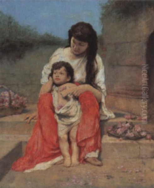 Madchen Mit Kleinem Knaben Und Bluten In Einer Sudlandischen Ruine Oil Painting by Gabriel von Max