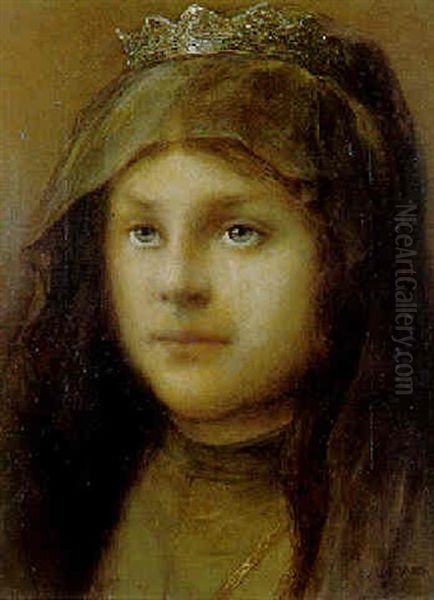 A Young Girl Wearing A Crown And Veil Oil Painting by Gabriel von Max