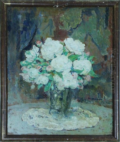 Roses Blanches Dans Une Timbale D'argent Oil Painting by Edgar Maxence