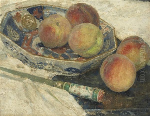 Nature Morte A La Coupe Imari Avec Des Peches Et Un Couteau Oil Painting by Edgar Maxence