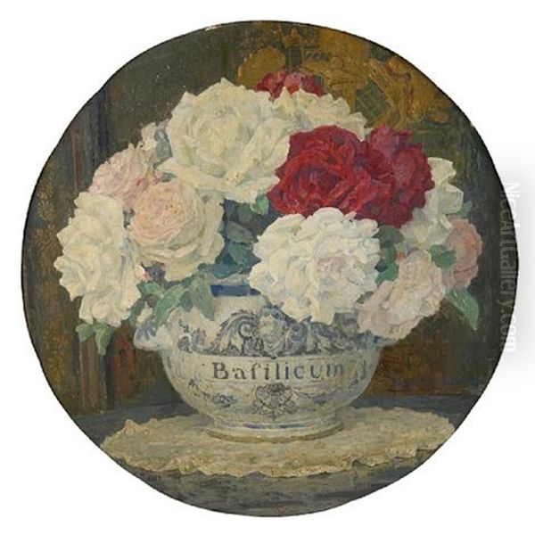 Red And White Roses In A Bowl Before A Chinese Lacquer Screen Oil Painting by Edgar Maxence