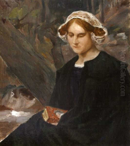 Jeune Femme Assise Au Livre Oil Painting by Edgar Maxence