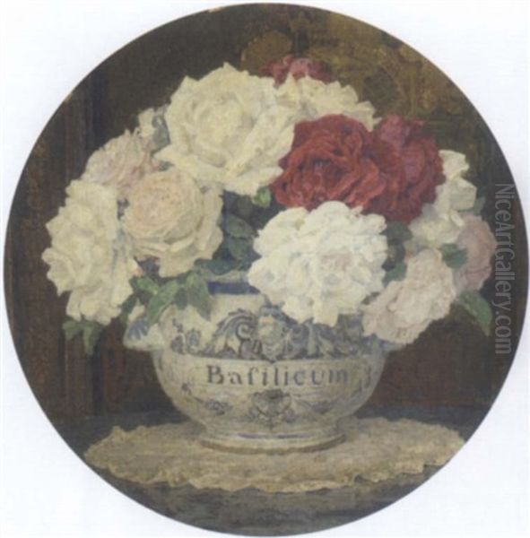 Red And White Roses In A Bowl Before A Chinese Lacquer Screen Oil Painting by Edgar Maxence