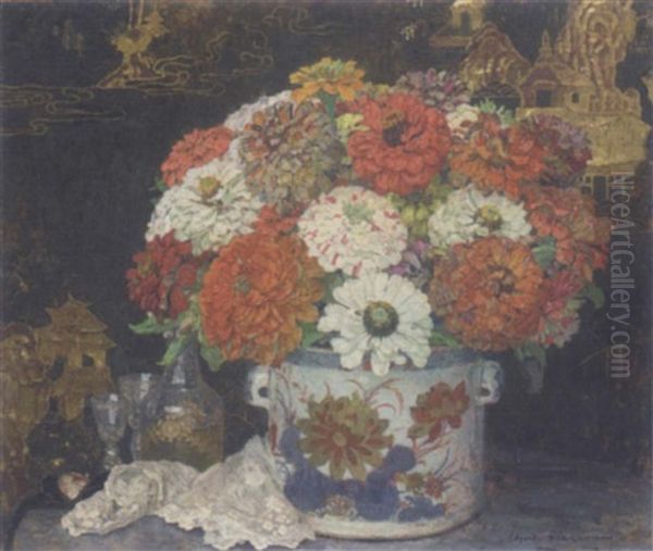 Chrysanthemums In A Chinese Imari Jardiniere With A Decanter And Glasses On A Table Before A Black Screen Oil Painting by Edgar Maxence