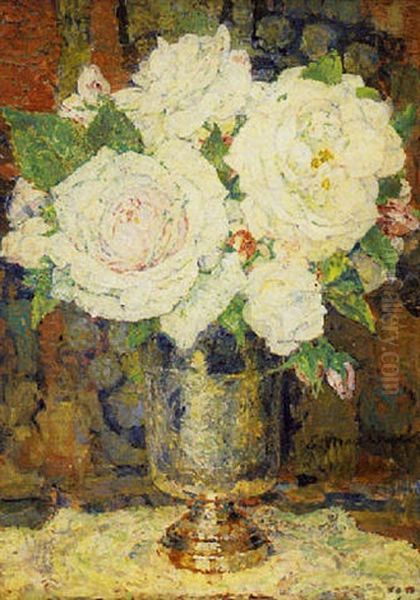 Roses Blanches Au Vase D'argent Oil Painting by Edgar Maxence