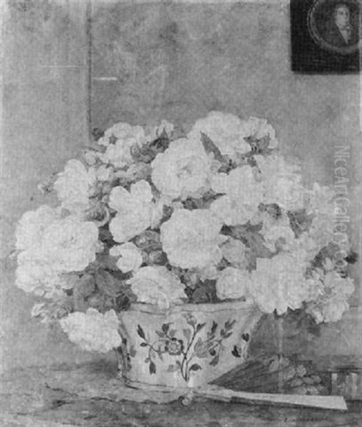 Still Life Of Roses In A Ceramic Vase With A Book And A Fan On A Tabletop Oil Painting by Edgar Maxence