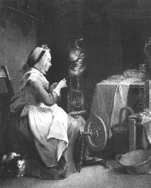 Interieur Mit Frau Am Spinnrad Und Katze Oil Painting by Georg Oswald May