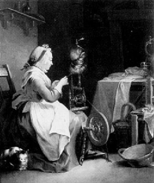 Frau Am Spinnrad Oil Painting by Georg Oswald May