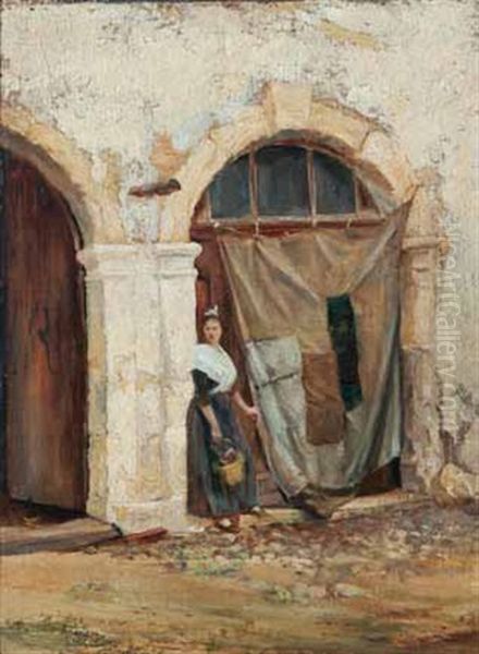 Femme En Habit Provencal Dans Une Ruelle Oil Painting by Theophile Henri Mayan