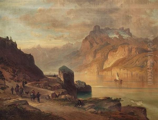 Blick Auf Den Vierwaldstattersee Mit Segelschiffen Und Urner Alpen Oil Painting by Josef Mayburger