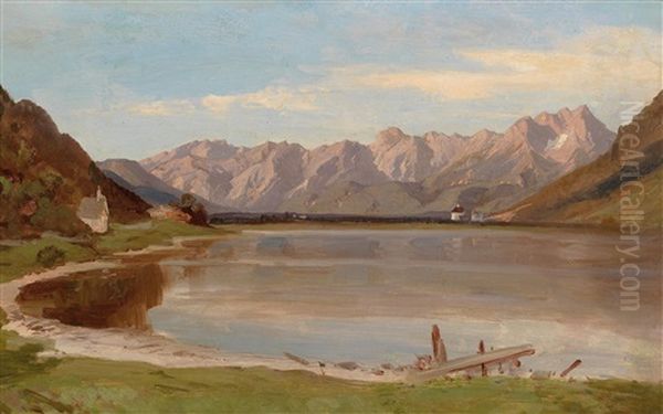 View Of Lake Zell With The Steinerne Meer In The Background And Schlos Prielau Oil Painting by Josef Mayburger