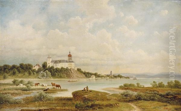 Blick Auf Schloss Persenbeug An Der Donau Mit Figurenstaffage Oil Painting by Josef Mayburger