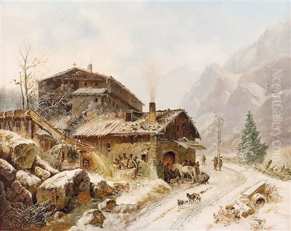 Hufschmiede Im Winterlichen Hochgebirge Mit Personenstaffage Oil Painting by Josef Mayburger