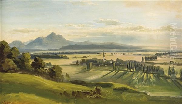 Blick Vom Monchsberg Richtung Liefering, Im Hintergrund Der Hohe Stauffen Oil Painting by Josef Mayburger