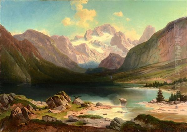 Lake Landscape With Dachstein Mountain Massif Oil Painting by Josef Mayburger