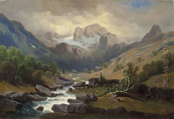 Blick Auf Den Dachstein Mit Wildbach Oil Painting by Josef Mayburger