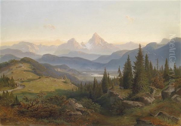 Landschaft Mit Gebirgskette, Im Hintergrund Der Watzmann Oil Painting by Josef Mayburger