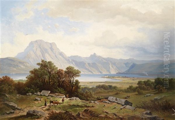 Traunsee Mit Schlos Orth Oil Painting by Josef Mayburger