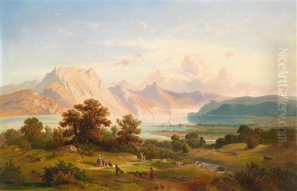 Partie Am Traunsee Mit Blick Auf Schloss Orth Oil Painting by Josef Mayburger