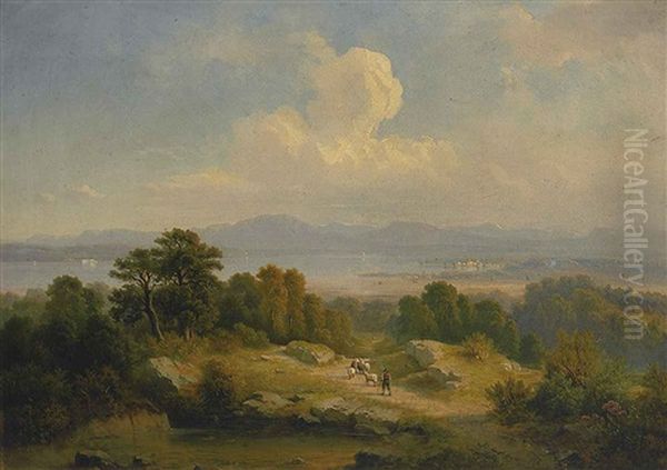 Romantische Seenlandschaft Mit Gebirgshintergrund An Einem Prachtvollen Sommertag Oil Painting by Josef Mayburger