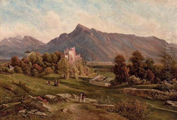 Spazierganger Am Monchsberg Mit Panoramablick In Den Suden Von Salzburg Oil Painting by Josef Mayburger