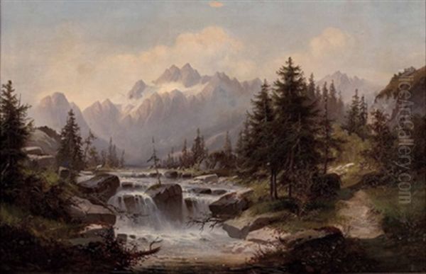 Gebirgsfluss (mit Dem Dachstein?) Oil Painting by Josef Mayburger