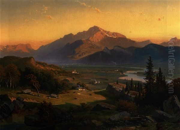 Abendliche Sommerliche Landschaft Im Rheintal Mit Blick Auf Den Luziensteig Oil Painting by Josef Mayburger