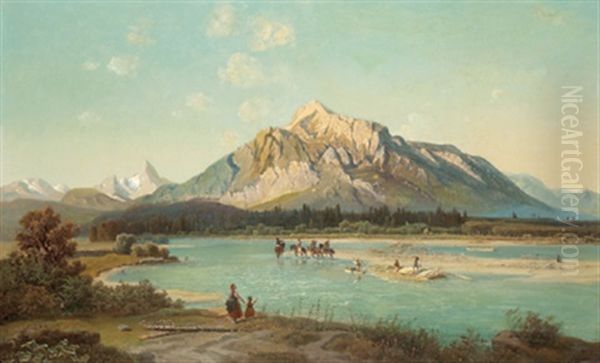 Schlepper Auf Der Salzach Mit Blick Auf Den Untersberg Oil Painting by Josef Mayburger