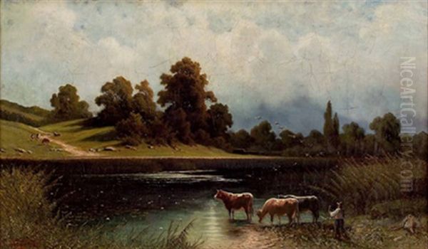 Rinderhirte Bei Der Tranke Oil Painting by Josef Mayburger