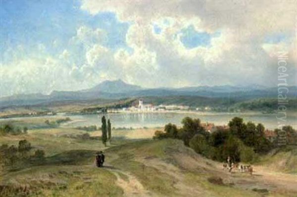 See In Weiter Berglandschaft, An Dessen Ufer Such Eine Ortschaft Erhebt Oil Painting by Josef Mayburger