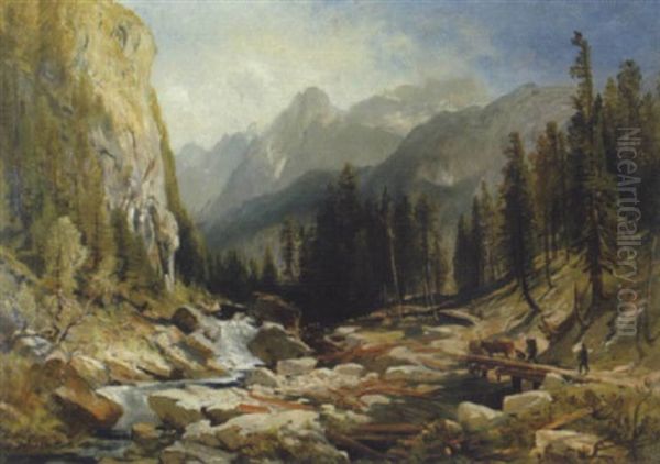 Almabtrieb Bei Gosau-zwang (motiv-wiederholung) Oil Painting by Josef Mayburger