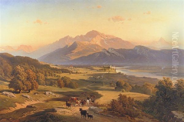 Drover On Horseback With His Cattle In A Mountainous Landscape With Schloss Anif, Salzburg, Beyond Oil Painting by Josef Mayburger