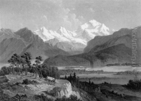 Ziegenhirte Mit -hirtin In Alpenlandschaft Mit See Oil Painting by Josef Mayburger