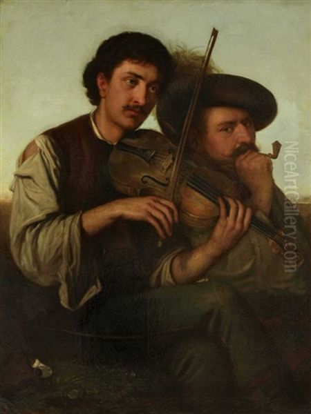 Geiger Und Pfeifenraucher Oil Painting by August Georg Mayer