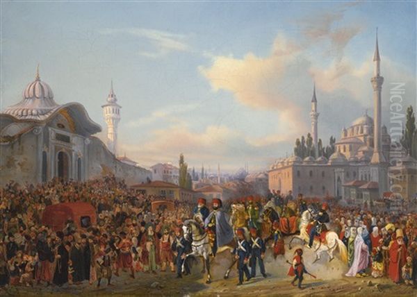 Sultan Mahmud Ii Leaving The Beyazit Mosque, Constantinople Oil Painting by Auguste-Etienne-Francois Mayer