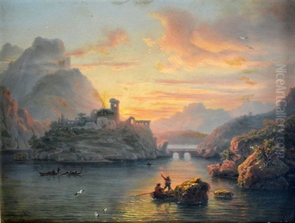 Pecheurs En Mediterranee Aupres De Ruines Au Crepuscule Oil Painting by Auguste-Etienne-Francois Mayer