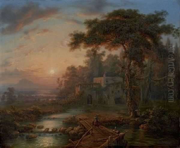 Paysage Fluvial Anime De Personnages Sur Un Ponton Oil Painting by Auguste-Etienne-Francois Mayer