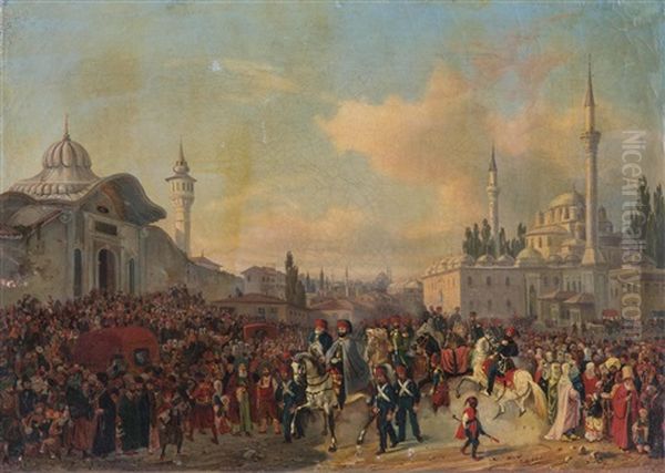 Historischer Einzug Hoher Turkischer Wurdentrager Mit Gefolge Und Schaulustiger Menschenmenge In Istanbul Oil Painting by Auguste-Etienne-Francois Mayer