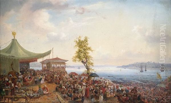 Festliches Treiben Am Ufer Des Bosporus Mit Blick Auf Das Marmarameer Und Konstantinopel (bei Tophane?) Oil Painting by Auguste-Etienne-Francois Mayer