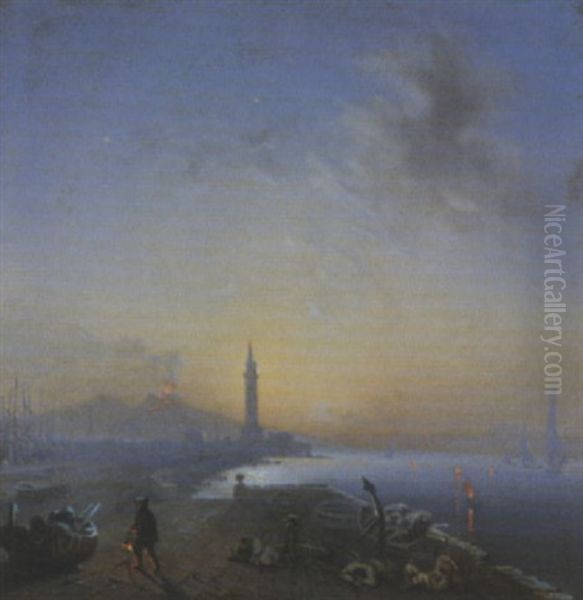 Nachtliche Hafen In Neapel Oil Painting by Auguste-Etienne-Francois Mayer