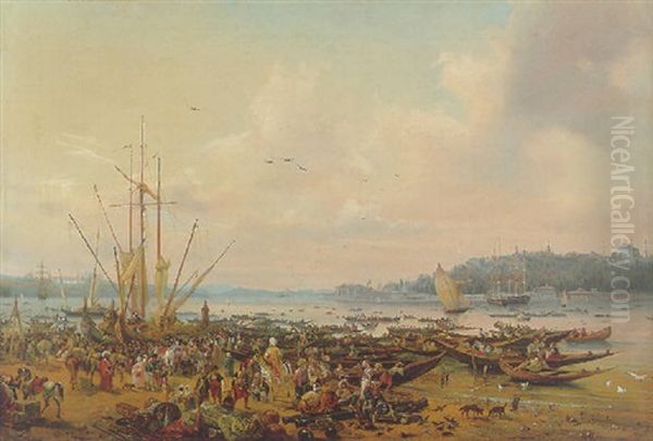 A View Of Constantinople From Tophane Looking Towards The Sea Of Marmara, Showing On The Right  The Seraglio Point Oil Painting by Auguste-Etienne-Francois Mayer