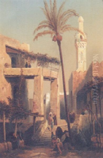 Arabs Near Steps Leading To A Mosque Oil Painting by Emil Mayer